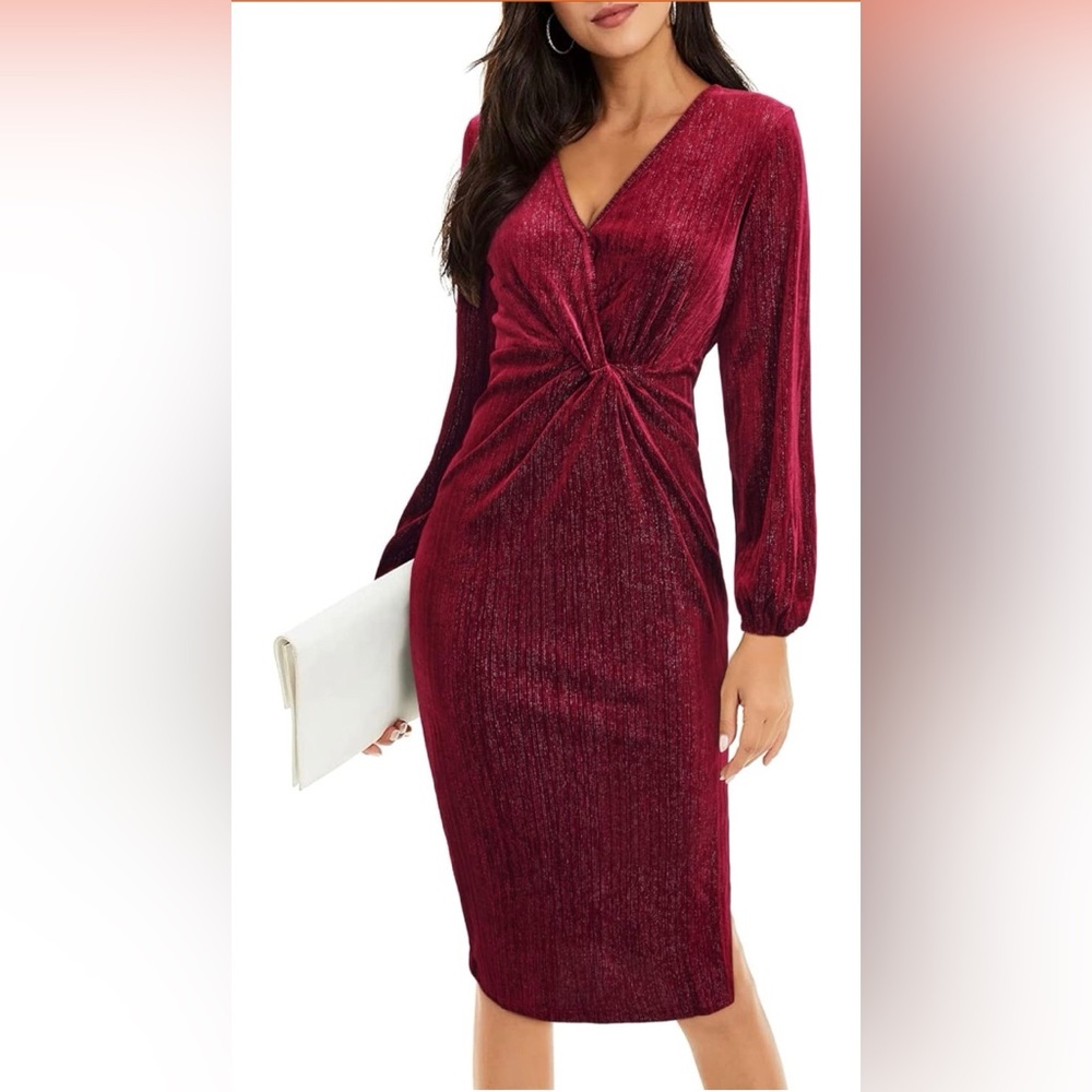 ININ Elegant Burgundy Long-Sleeve Dress